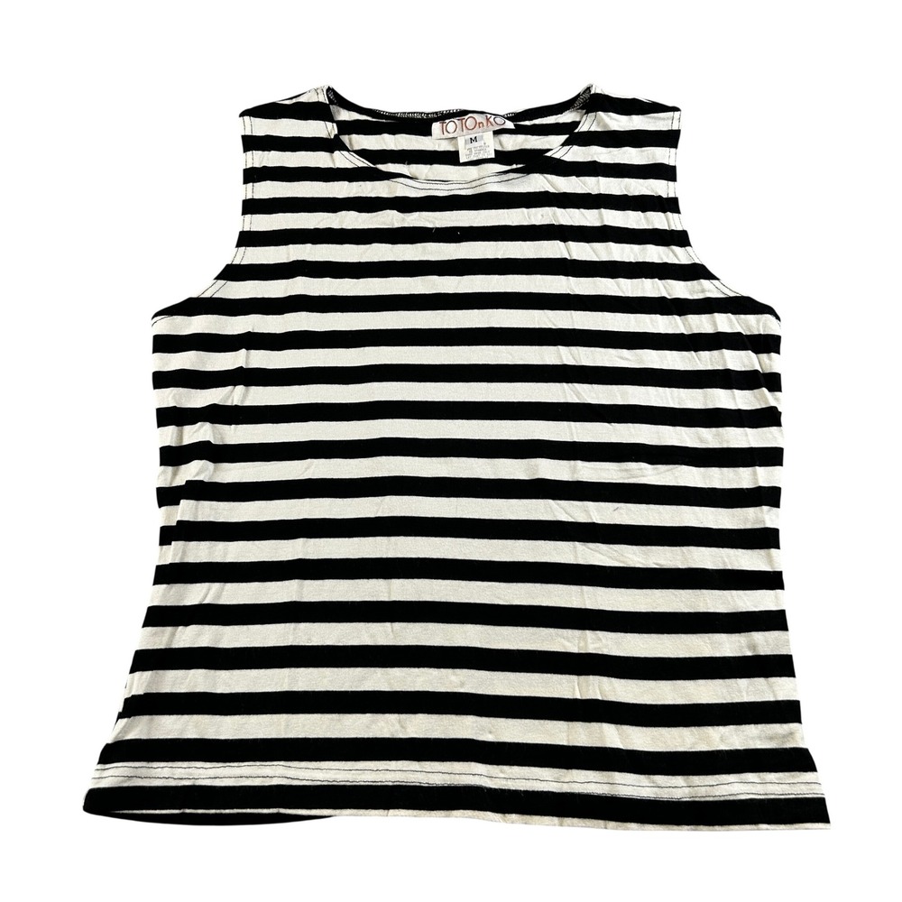 TOTOnKO Womens Medium Black White Striped Sleeveless Tank Top Scoop Neck Knit
